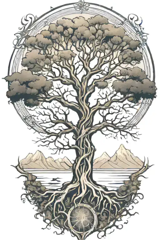 tree of life intertwined with mountains and a river  tattoo design idea