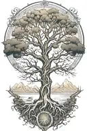 tree of life intertwined with mountains and a river  tattoo design idea