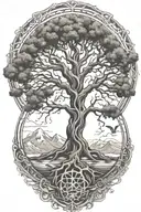 tree of life intertwined with mountains and a river  tattoo design idea