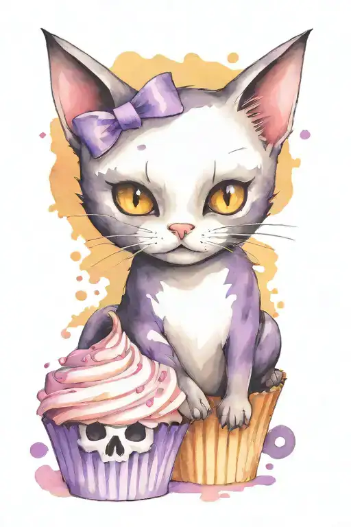 pouting Black cat with bat wings in purple cupcake with frosting on head plus skull on top of frosting tattoo design idea