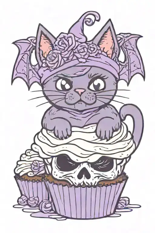 pouting Black cat with bat wings in purple cupcake with frosting on head plus skull on top of frosting tattoo design idea