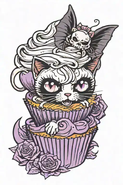 pouting Black cat with bat wings in purple cupcake with frosting on head plus skull on top of frosting tattoo design idea