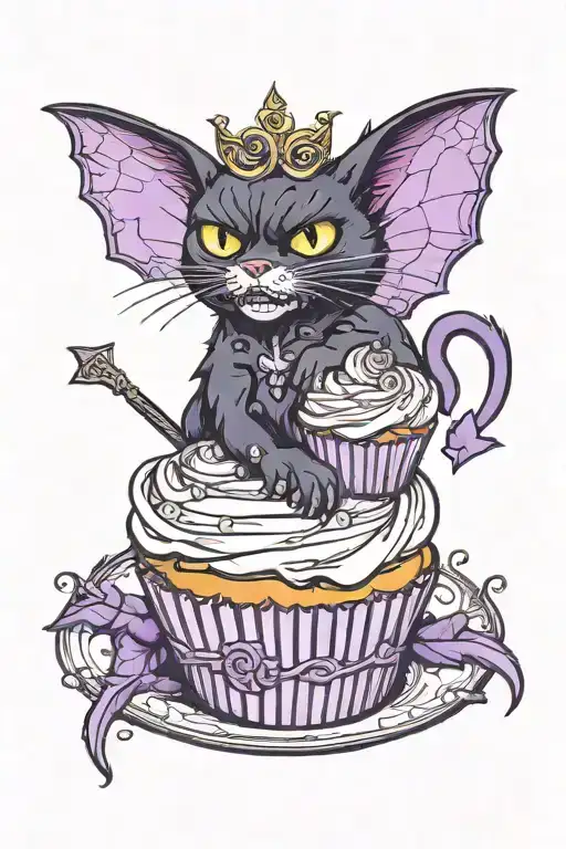 pouting Black cat with bat wings in purple cupcake with frosting on head plus skull on top of frosting cartoon tattoo design idea
