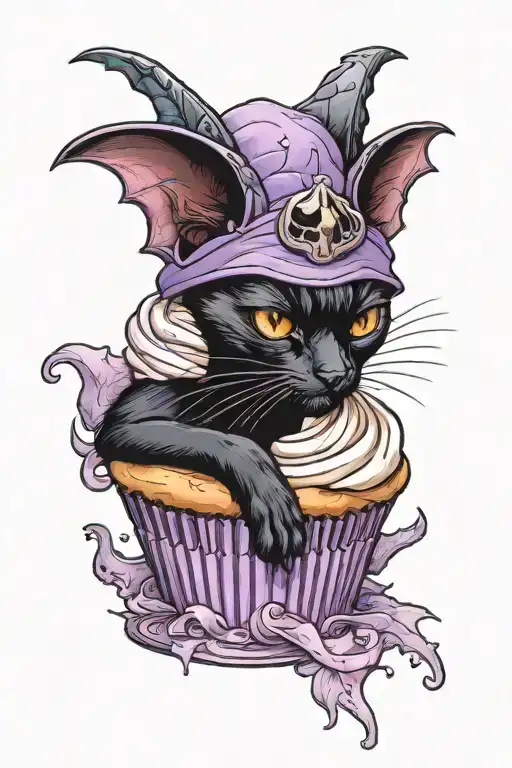 pouting Black cat with bat wings in purple cupcake with frosting on head plus skull on top of frosting tattoo design idea