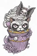 pouting Black cat with bat wings in purple cupcake with frosting on head plus skull on top of frosting tattoo design idea