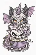pouting Black cat with bat wings in purple cupcake with frosting on head plus skull on top of frosting tattoo design idea
