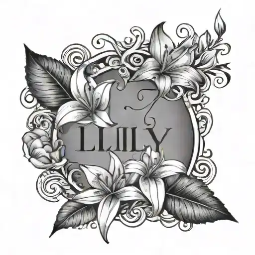 the name "Lilly May Hinds" with the date of birth "12-09-2009" with flowers and leaves surrounding it   tattoo design idea