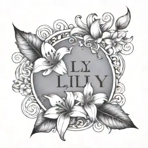 name "Lilly May Hinds" with the date of birth "12-09-2009" under the name surrounded by flowers and leaves   tattoo design idea
