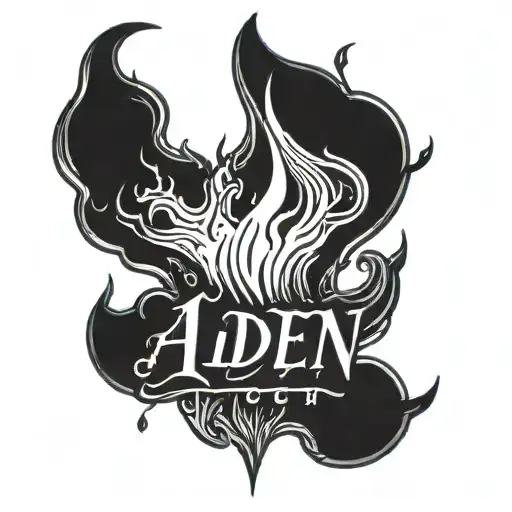 a black and white drawing of a flame with the word "Aiden" written above it. The flame appears to be a stylized represen tattoo design idea