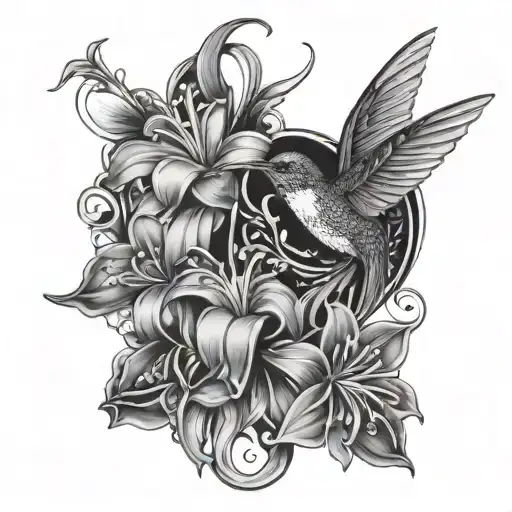 infinity sign between hummingbird and Lilly flowers tattoo design idea