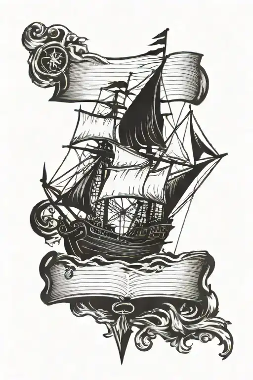 Pirate ship coming out of a book with a compass as the background and AC Black Flag logo as the highest point tattoo design idea