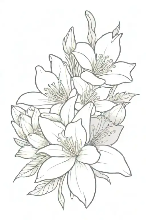Flower bouquet with a violet, daffodil, daisy, water lily, gladiolus, and a cosmos. With a band aid outline across the s tattoo design idea