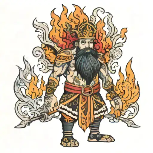costume standing with a fire tattoo design idea