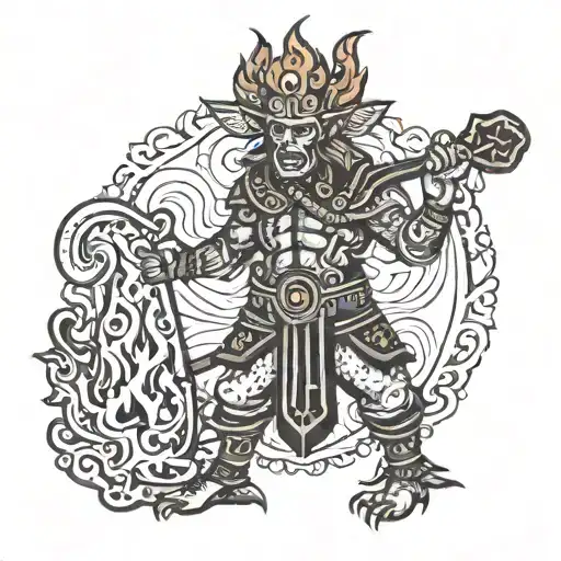 costume standing with a fire tattoo design idea