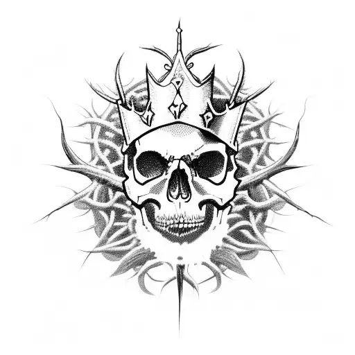 A skull wearing a crown of thorns and surrounded by swirling dark magic symbols tattoo design idea