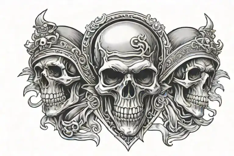 see no evil, speak no evil, see no evil, three skulls with banners tattoo design idea