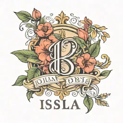 the name Isla with the Roman numerals underneath with the date 17.12.2023 tattoo design idea