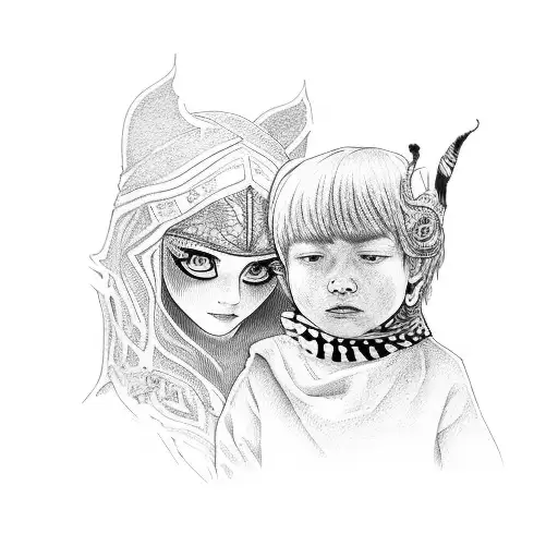 an olw watching over a child with his mother tattoo design idea