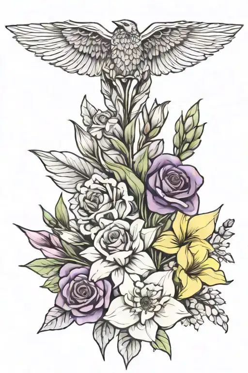rose, mandala, gladiolus, violet, daffodil, aster flower bouquet tattoo design idea
