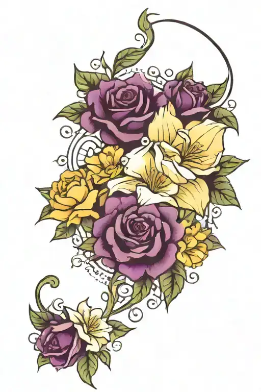 rose, mandala, gladiolus, violet, daffodil, aster flower, marigold tattoo design idea