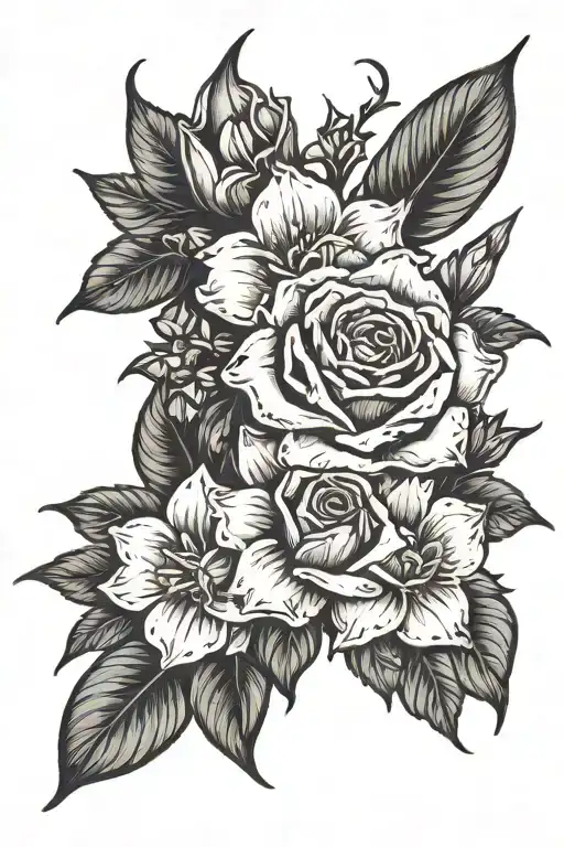 rose, mandala, gladiolus, violet, daffodil, aster flower with stem tattoo design idea