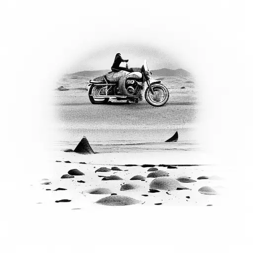 A majestic black and grey Harley Davidson motorcycle cruising down a sandy beach at sunset tattoo design idea