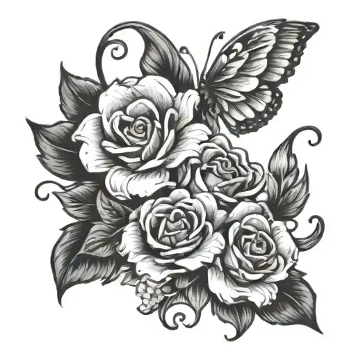 A tattoo representing 2 grandchildren, their birthdates are July 23 and August 29, with flowers throughout, black and wh tattoo design idea