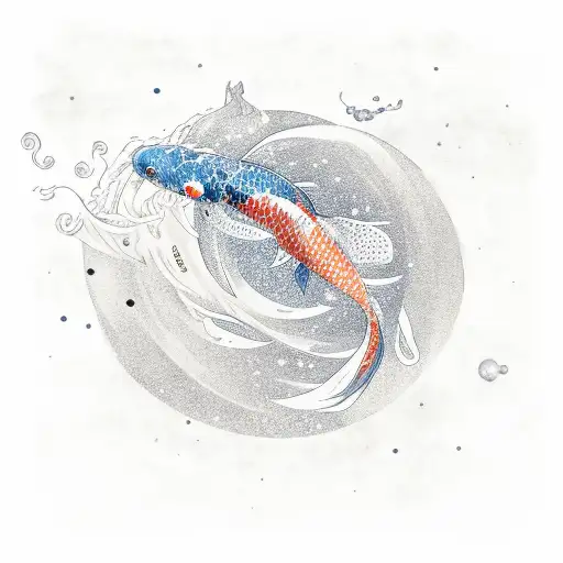 A koi fish swimming through a galaxy made up of books and stars tattoo design idea