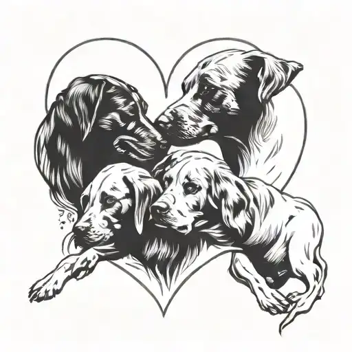 A minimalist design of three dogs intertwined to create a heart outline tattoo design idea