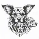 A geometric heart design featuring three different breeds of dogs - Dachshund, Chihuahua, and Shih Tzu tattoo design idea