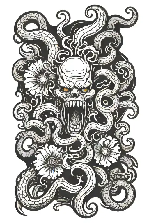 Monster teeth tentacles disturbing demon gothic flower tattoo design idea