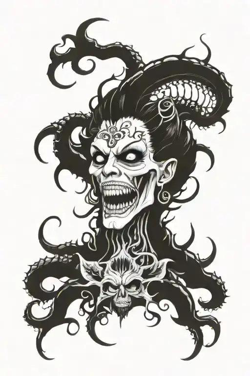 Monster teeth tentacles disturbing demon faces gothic flower tattoo design idea