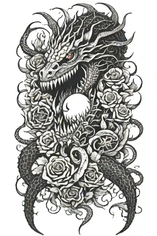 Monster teeth and tentacles disturbing demons and gothic flowers and dragon eyes tattoo design idea