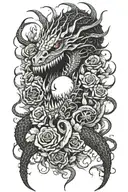 Monster teeth and tentacles disturbing demons and gothic flowers and dragon eyes tattoo design idea