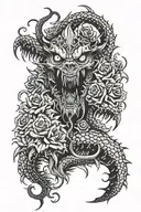 Monster teeth and tentacles disturbing demons and gothic flowers and dragon eyes tattoo design idea