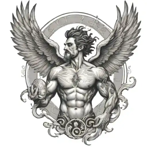 A detailed portrait of Titan Atlas holding up the sky with a majestic phoenix flying above him tattoo design idea