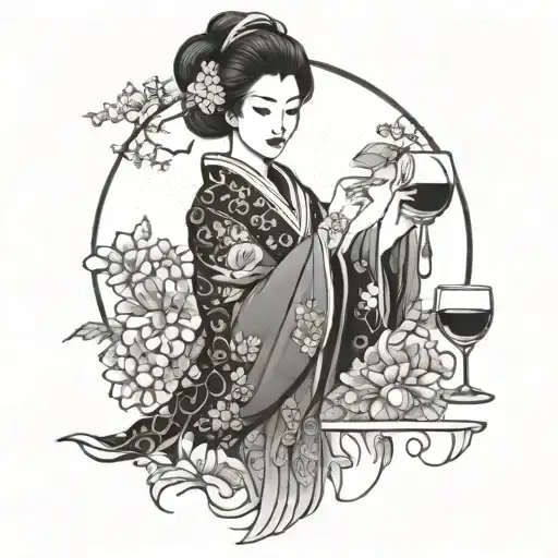 A traditional Japanese geisha holding a glass of wine, symbolizing the allure of self-destructive behavior tattoo design idea