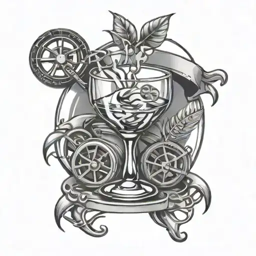 A stylized cocktail glass with a steering wheel inside, combining the passions of drinking and driving tattoo design idea