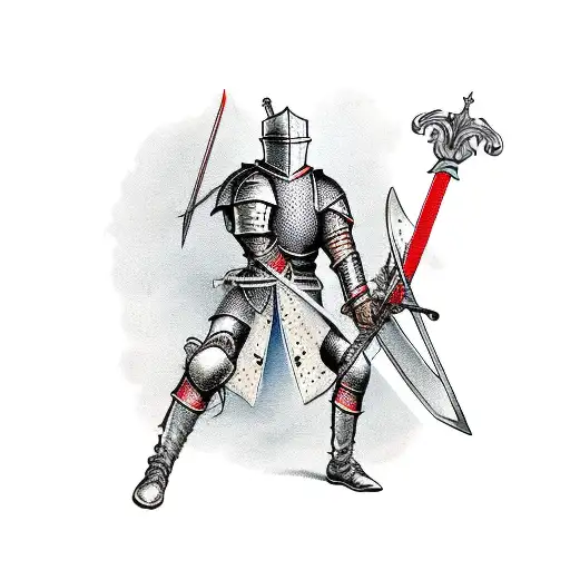 An insurance seller transformed into a valiant knight, wielding a sword and shield, standing in front of a tank Abrams and HIMARS artillery tattoo design idea