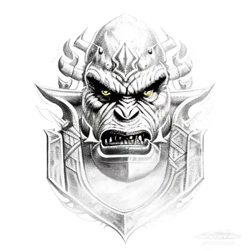 A World of Warcraft orc warrior wearing armor and holding a massive battleaxe, standing in front of a fiery background tattoo design idea