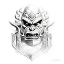 A World of Warcraft orc warrior wearing armor and holding a massive battleaxe, standing in front of a fiery background tattoo design idea