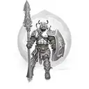 A World of Warcraft orc warrior wearing armor and holding a massive battleaxe, standing in front of a fiery background tattoo design idea