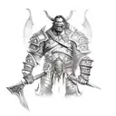 A World of Warcraft orc warrior wearing armor and holding a massive battleaxe, standing in front of a fiery background tattoo design idea