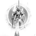 A World of Warcraft orc warrior wearing armor and holding a massive battleaxe, standing in front of a fiery background tattoo design idea