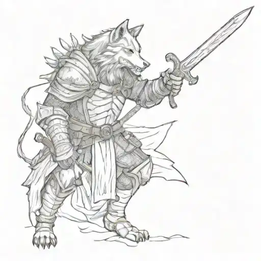 Wolf Sif from the game Dark Souls with a sword in his teeth tattoo design idea