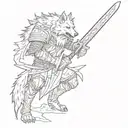 Wolf Sif from the game Dark Souls with a sword in his teeth tattoo design idea