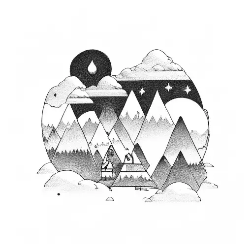 A hauntingly beautiful dark fantasy landscape with towering mountains and a moonlit sky, featuring a guitarist playing an electric guitar tattoo design idea