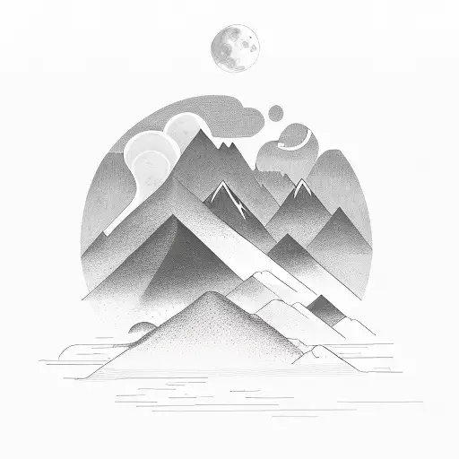 A hauntingly beautiful dark fantasy landscape with towering mountains and a moonlit sky, featuring a guitarist playing an electric guitar tattoo design idea