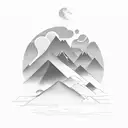 A hauntingly beautiful dark fantasy landscape with towering mountains and a moonlit sky, featuring a guitarist playing an electric guitar tattoo design idea