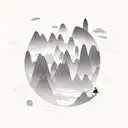 A hauntingly beautiful dark fantasy landscape with towering mountains and a moonlit sky, featuring a guitarist playing an electric guitar tattoo design idea